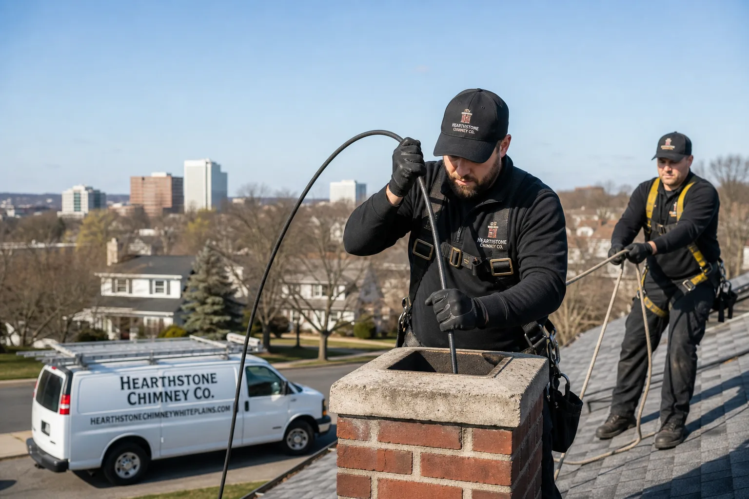 Hearthstone Chimney Co. chimney cleaning service vehicle and crew in White Plains, NY